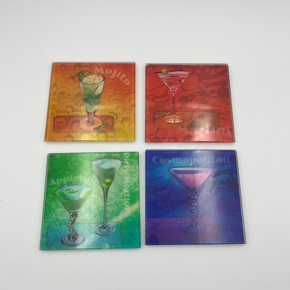 Cocktail Coasters Set of 4, Mojito Martini Cosmopolitan Appletini Drinks Barware - Picture 1 of 6
